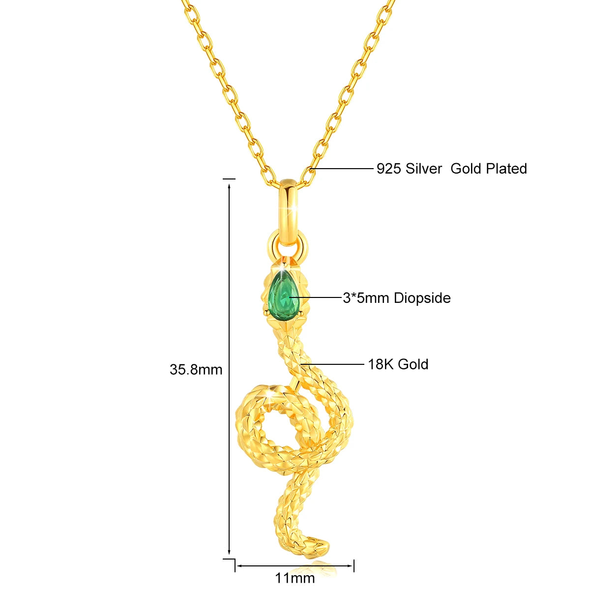 Design 18K Genuine Gold Snake Necklace Natural Diopside Pendant Exquisite Jewelry for Women Anniversary Gift
