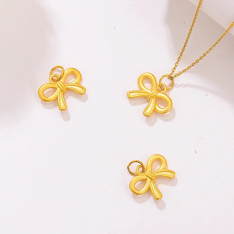 Pure Yellow Gold Pendant 24k Bow-knot Design Chain Women Necklace