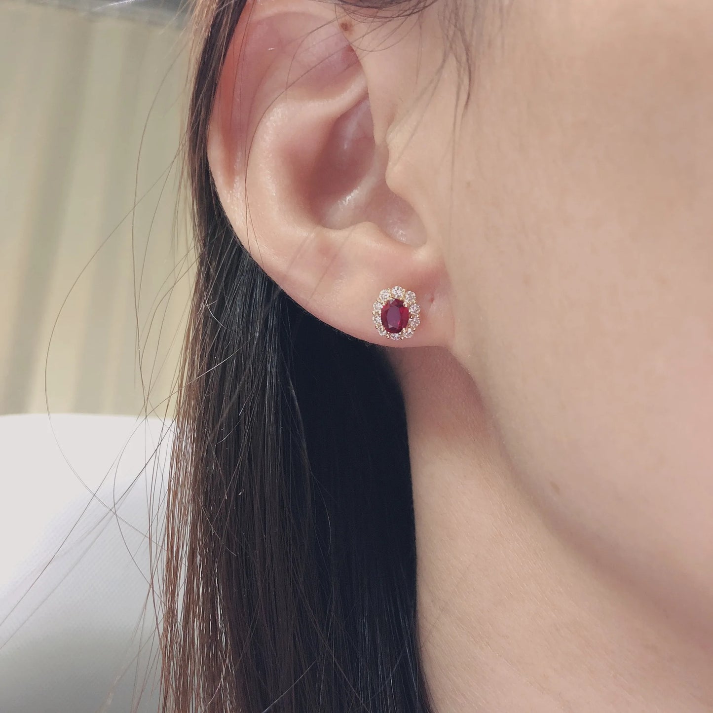 Natural Mozambique Classic Wild Colors Colorful Pigeon Blood Ruby 18K Gold Halo Diamond Stud Earrings