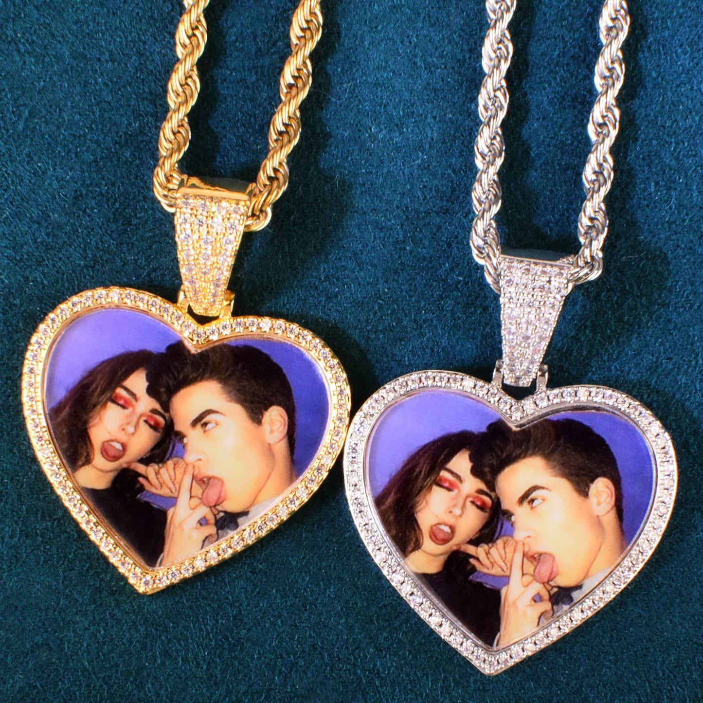 Collier personnalisé en forme de cœur avec photo et pendentif en forme de médaillon, dos solide, une rangée de zircons, pour hommes et femmes, bijoux Hip Hop