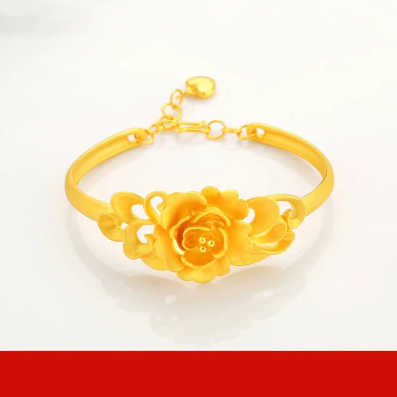 24K Pure Gold Bracelet Real 999 Solid Gold Bangle Flower Beautiful Rose Classic Jewelry