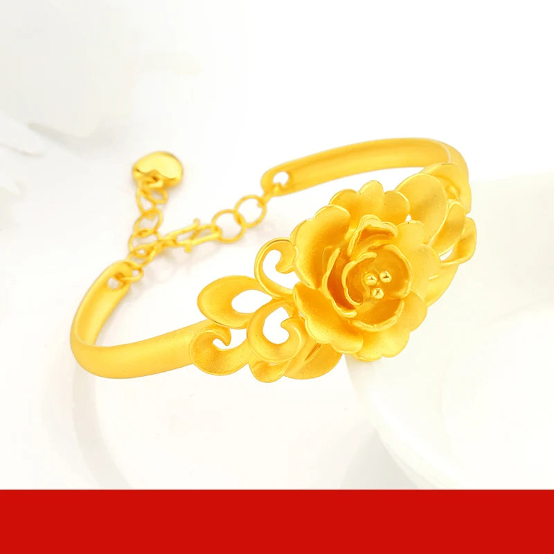 24K Pure Gold Bracelet Real 999 Solid Gold Bangle Flower Beautiful Rose Classic Jewelry