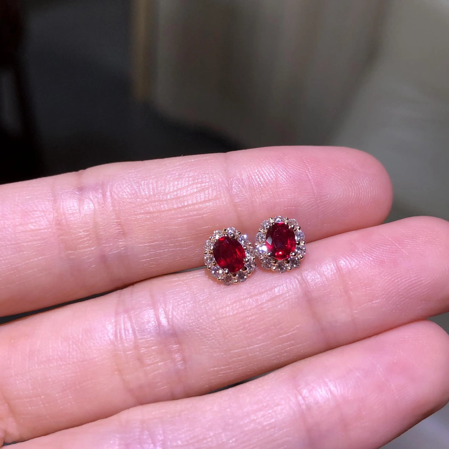 Natural Mozambique Classic Wild Colors Colorful Pigeon Blood Ruby 18K Gold Halo Diamond Stud Earrings