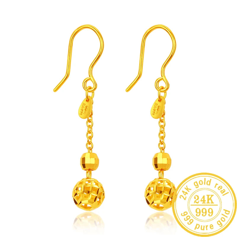 24K Pure Gold Earring Real AU 999 Solid Gold Earrings Good Tassel Upscale Trendy Fine Jewelry