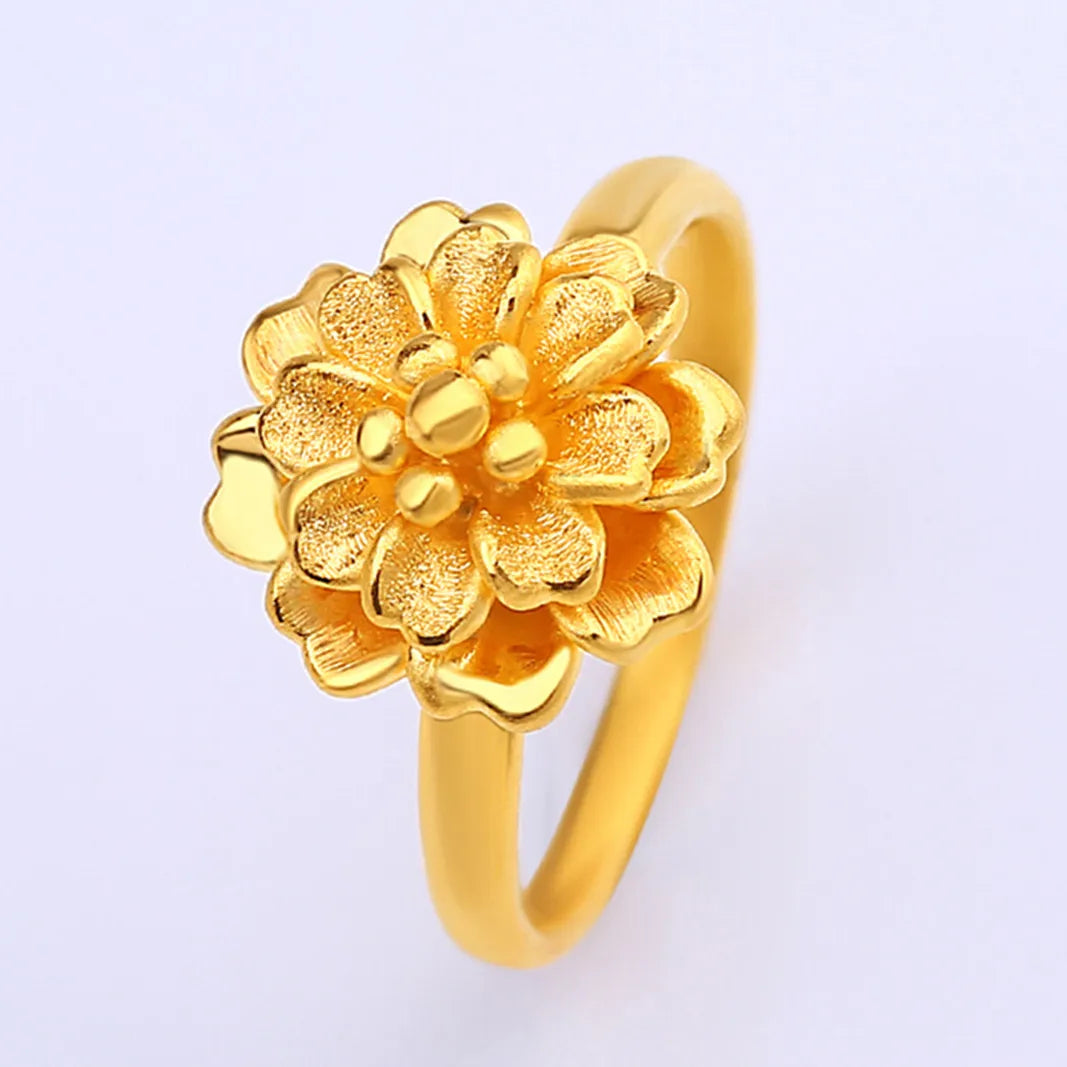 Genuine Pure 999 24K Yellow Gold Ring 3D Women Blooming Flower RING Best Gift US Size:4-8.5