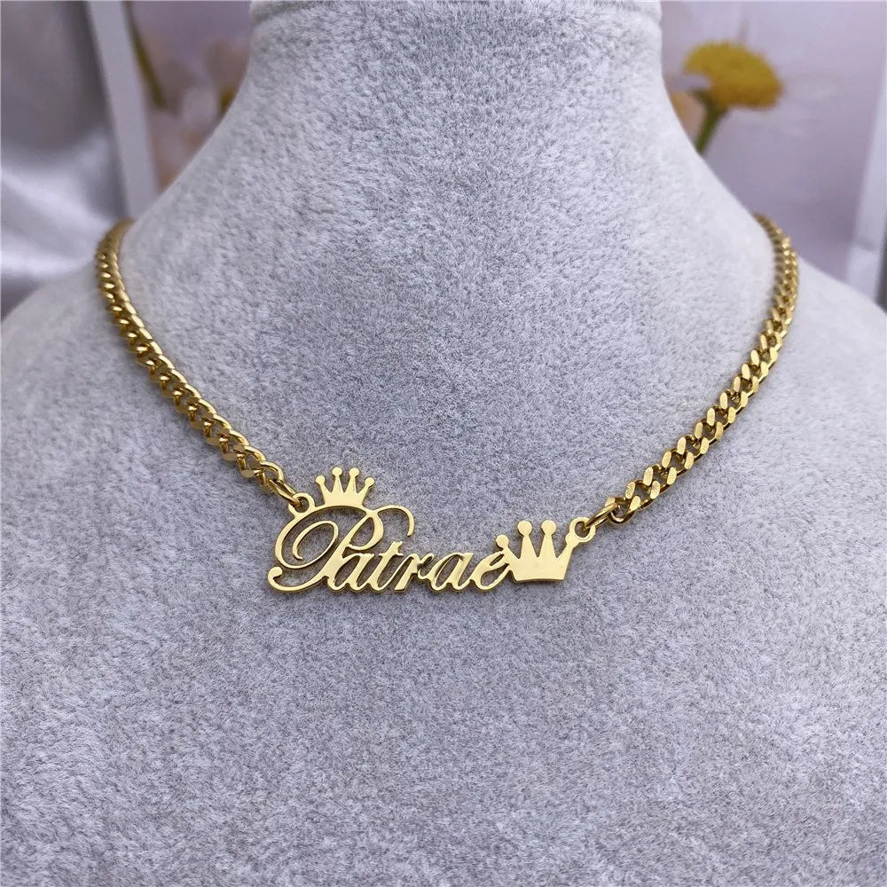 Collier personnalisé avec nom et couronne, collier à chaîne cubaine en acier inoxydable, collier ras du cou personnalisé en or, bijoux cadeau de Saint-Valentin