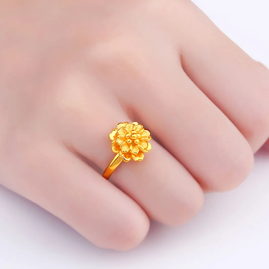 Genuine Pure 999 24K Yellow Gold Ring 3D Women Blooming Flower RING Best Gift US Size:4-8.5