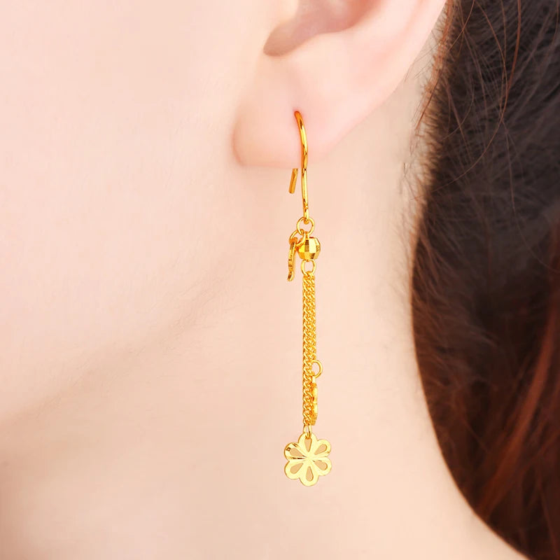 24K Pure Gold Earring Real AU 999 Solid Gold Earrings Nice Good Tassel Upscale Trendy Fine Jewelry