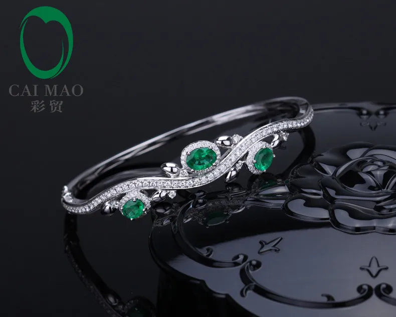 1.78ctw Oval Natural Emerald Pave Diamond 18K/Au750 White Gold Gem Bracelet Caimao Jewelry