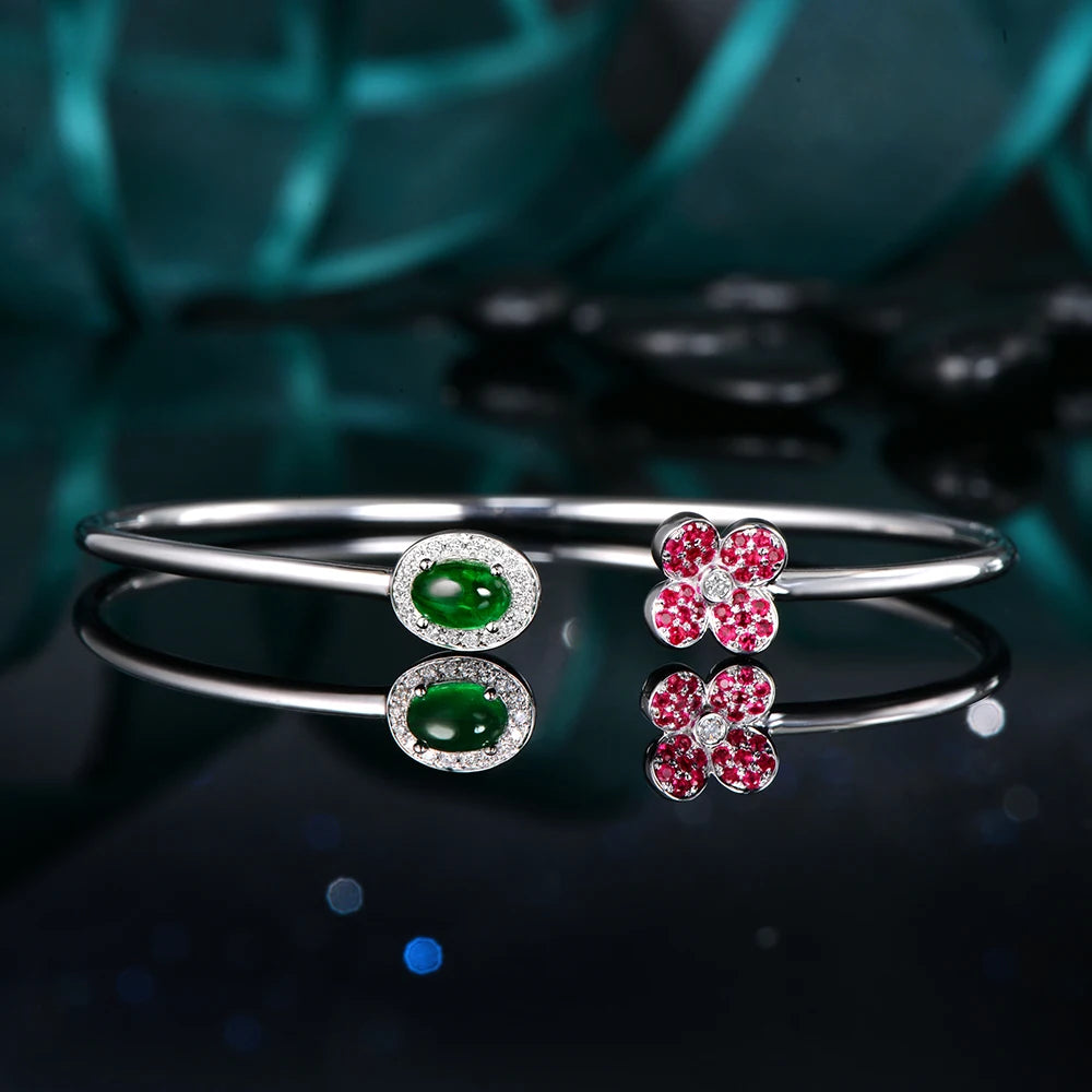 Jewelry 0.68ctw Oval Natural Emerald & 0.18ct Ruby 0.11ct Pave Diamond 18K White Gold Gemstone Bracelet