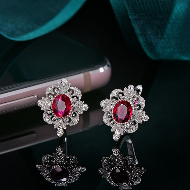 Natural 0.93ct Red Ruby Earrings H SI Diamond Vintage Milgrain Design 18kt White Gold Exquisite
