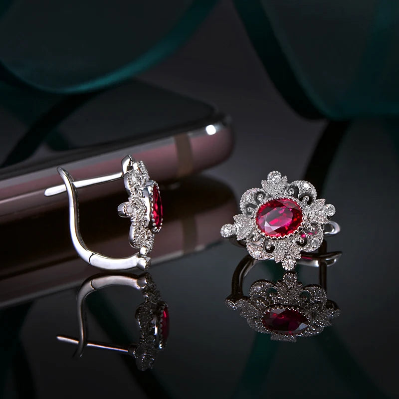 Natural 0.93ct Red Ruby Earrings H SI Diamond Vintage Milgrain Design 18kt White Gold Exquisite