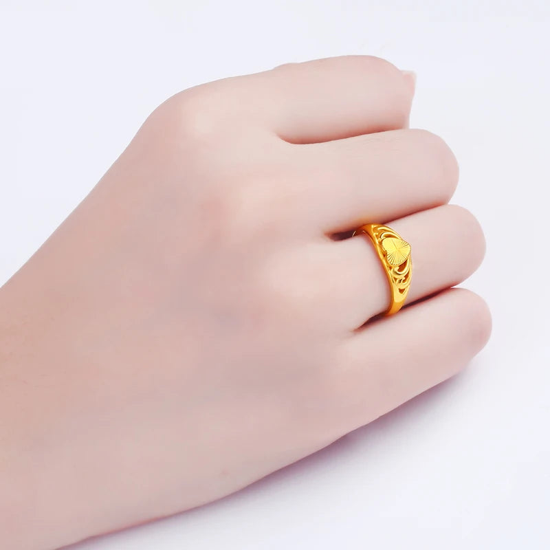 24K Pure Gold Ring Real AU 999 Solid Gold Rings Elegant Shiny Heart Beautiful Upscale Trendy Jewelry