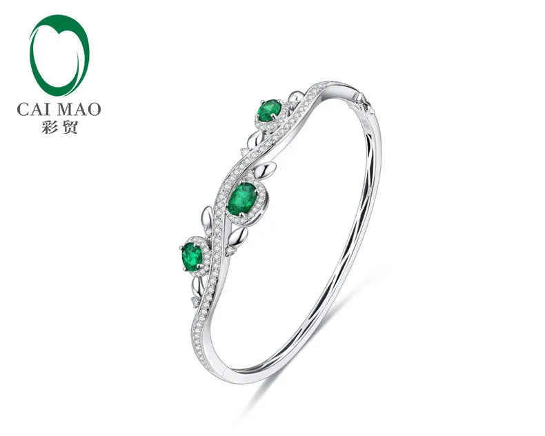1.78ctw Oval Natural Emerald Pave Diamond 18K/Au750 White Gold Gem Bracelet Caimao Jewelry