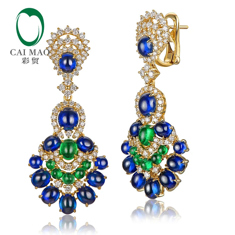 Gorgeous Natural 14.29ctw Blue Sapphires Emeralds and Diamonds Earrings 18kt Yellow Gold Retro English Lock For Women