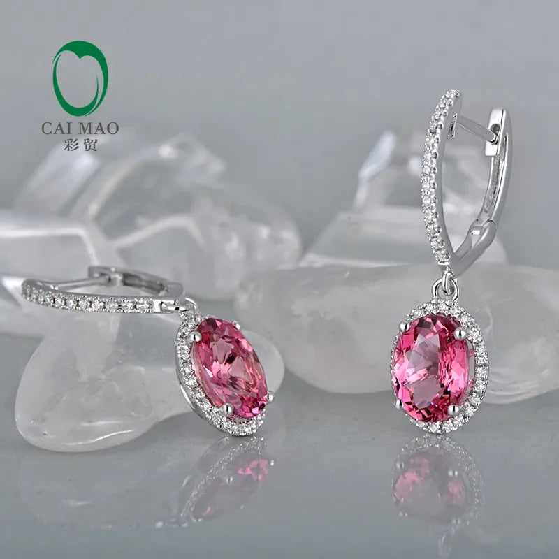 Jewelry 18KT White Gold 6x8mm Oval Cut 2.16ct Pink Tourmaline & 0.30ct Diamond Engagement Earrings