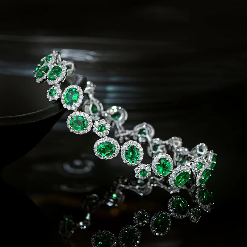 6.35ctw Natural Emeralds Bracelet H SI Full Cut Diamond 18kt Gold Gemstone for Anniversary Fine Jewellery