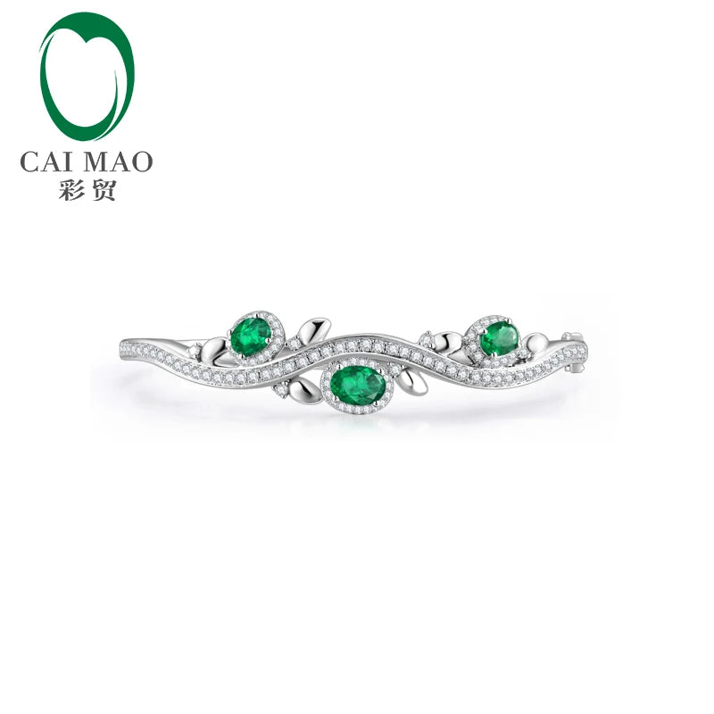 1.78ctw Oval Natural Emerald Pave Diamond 18K/Au750 White Gold Gem Bracelet Caimao Jewelry