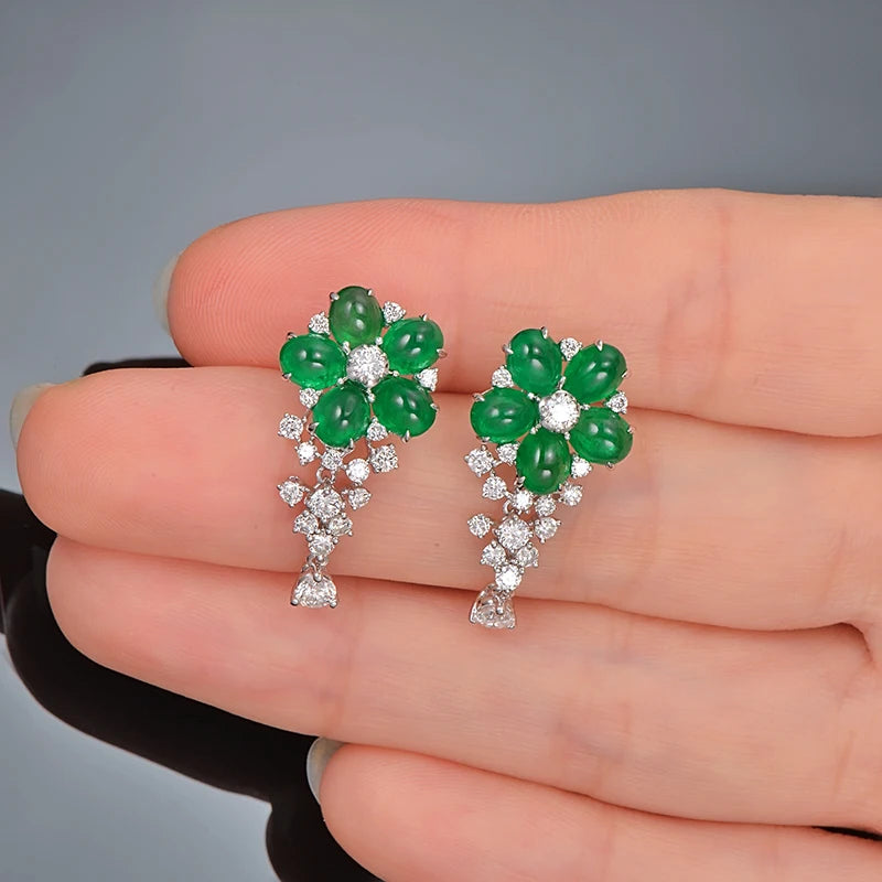 Natural 3.91ctw Cabochon Emeralds 1.0ct Brilliant Cut Diamonds 18kt Gold Flower Drop Earrings for Women