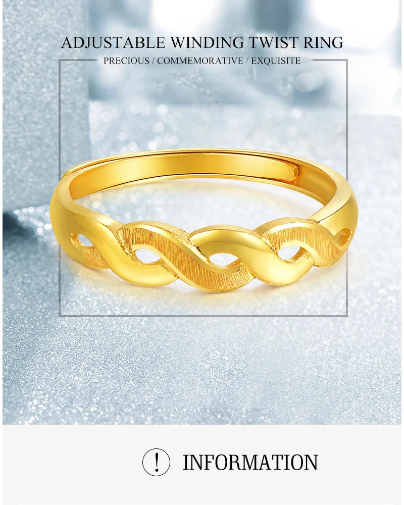 24K Gold Ring Fine Jewelry Real Pure Au999 Female Resizable Twist Ring Trendy