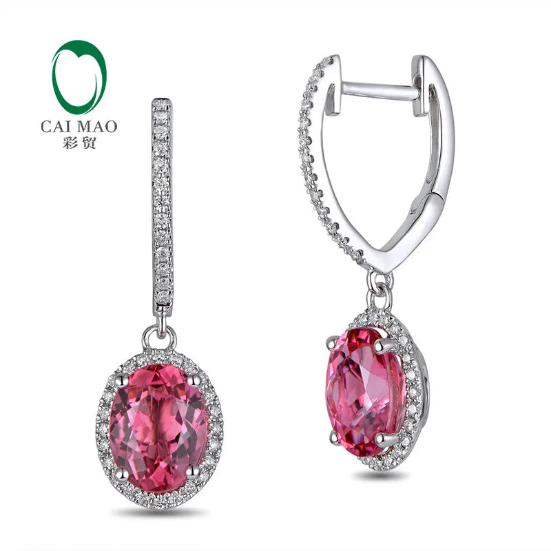 Jewelry 18KT White Gold 6x8mm Oval Cut 2.16ct Pink Tourmaline & 0.30ct Diamond Engagement Earrings