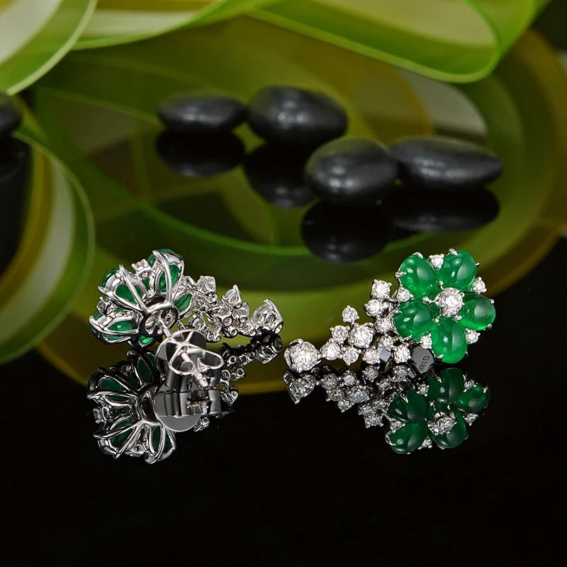 Natural 3.91ctw Cabochon Emeralds 1.0ct Brilliant Cut Diamonds 18kt Gold Flower Drop Earrings for Women