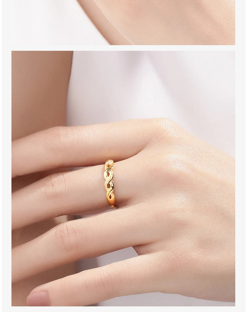 24K Gold Ring Fine Jewelry Real Pure Au999 Female Resizable Twist Ring Trendy