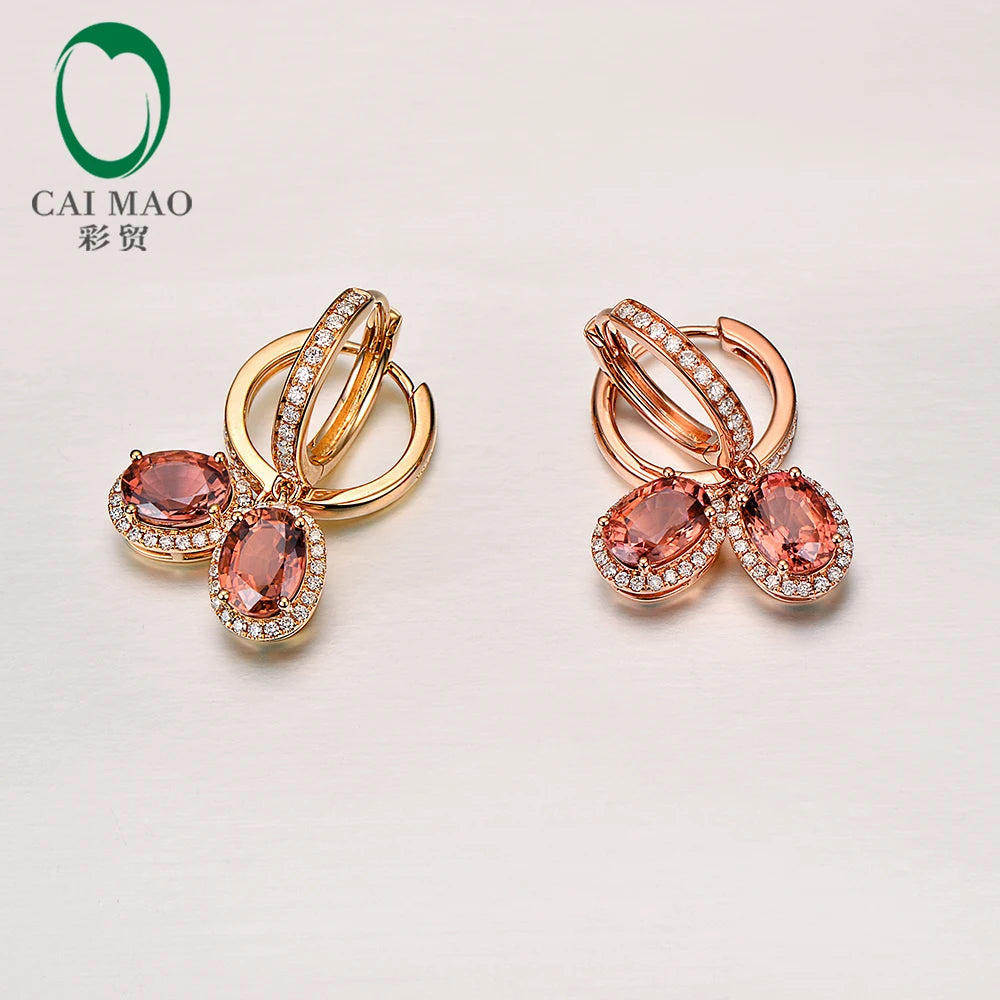 2.16ct Natural Tourmaline with H SI pave Set Diamond 18k Rose / Yellow Gold Dangle Earrings