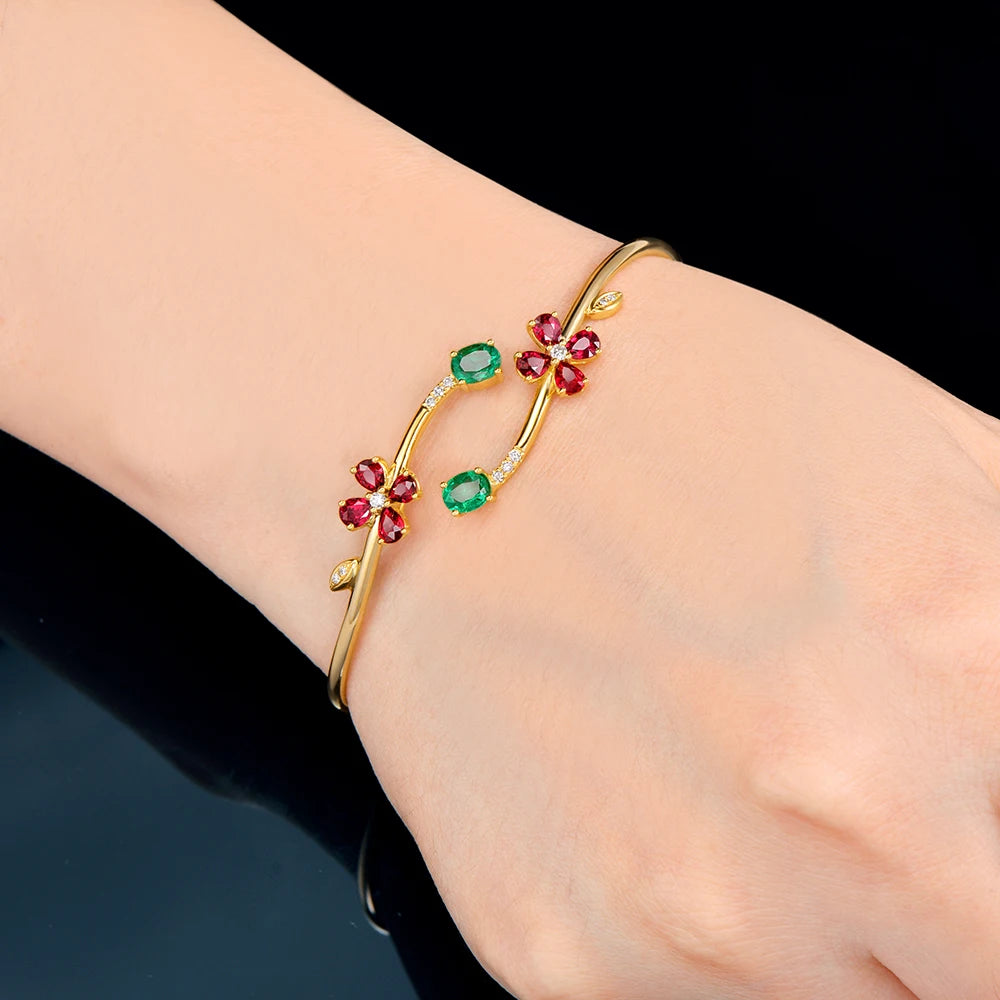 Jewelry 0.76ctw Oval Natural Emerald & 1.67ct Ruby Pave Diamond 18K Yellow Gold Gemstone Bracelet