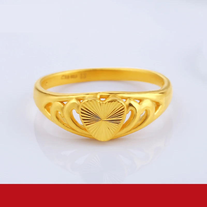24K Pure Gold Ring Real AU 999 Solid Gold Rings Elegant Shiny Heart Beautiful Upscale Trendy Jewelry