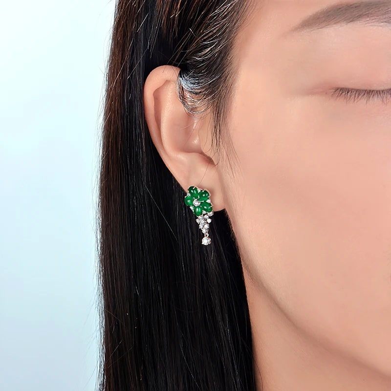 Natural 3.91ctw Cabochon Emeralds 1.0ct Brilliant Cut Diamonds 18kt Gold Flower Drop Earrings for Women