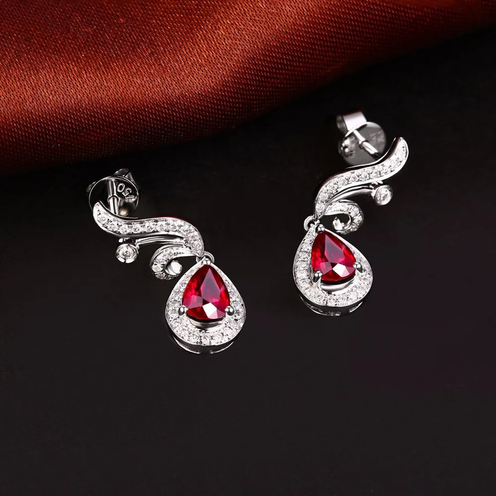 18KT White Gold 4x6mm Pear Cut 0.86ct Ruby & 0.29ct Diamond Engagement Earrings