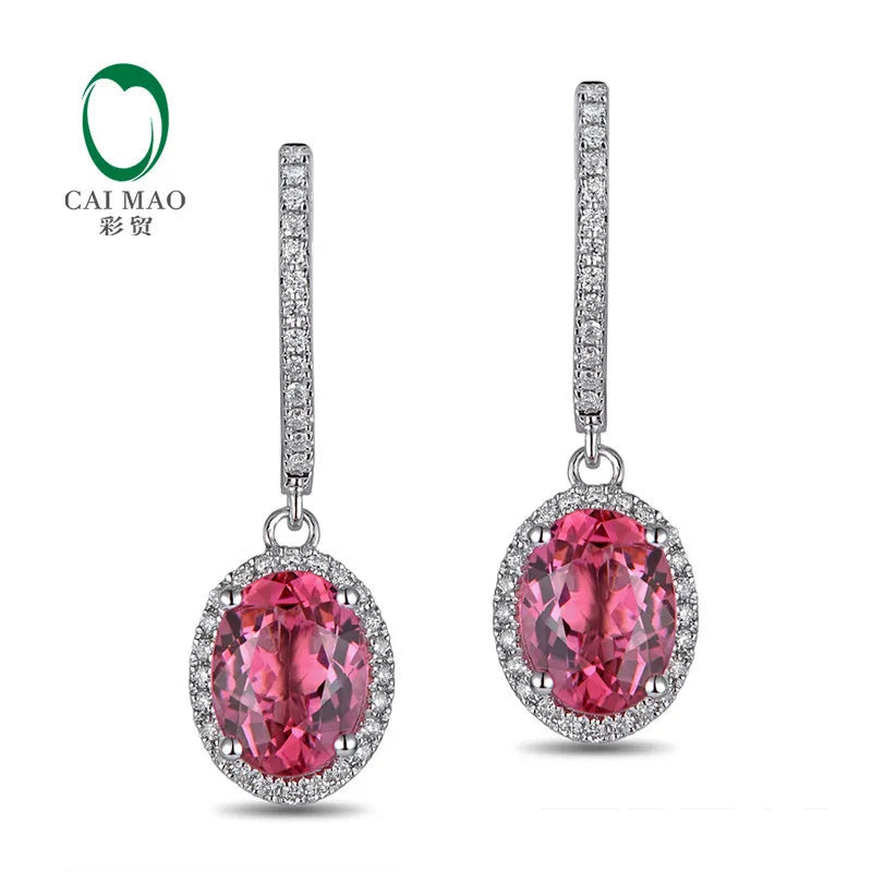 Jewelry 18KT White Gold 6x8mm Oval Cut 2.16ct Pink Tourmaline & 0.30ct Diamond Engagement Earrings