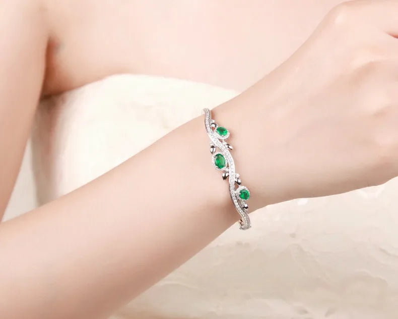 1.78ctw Oval Natural Emerald Pave Diamond 18K/Au750 White Gold Gem Bracelet Caimao Jewelry