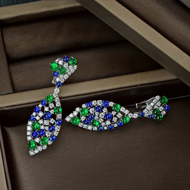 Natural 9.28ctw Cabochon Round Sapphires Emeralds and Diamonds Earrings 18kt Gold Retro English Lock For Women
