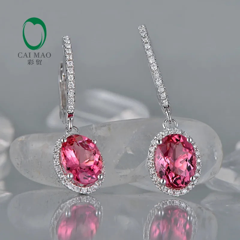 Jewelry 18KT White Gold 6x8mm Oval Cut 2.16ct Pink Tourmaline & 0.30ct Diamond Engagement Earrings