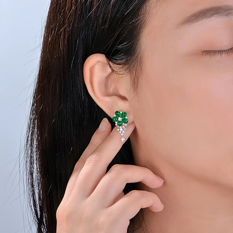 Natural 3.91ctw Cabochon Emeralds 1.0ct Brilliant Cut Diamonds 18kt Gold Flower Drop Earrings for Women