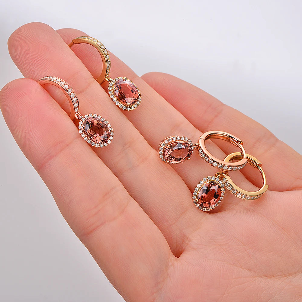 2.16ct Natural Tourmaline with H SI pave Set Diamond 18k Rose / Yellow Gold Dangle Earrings