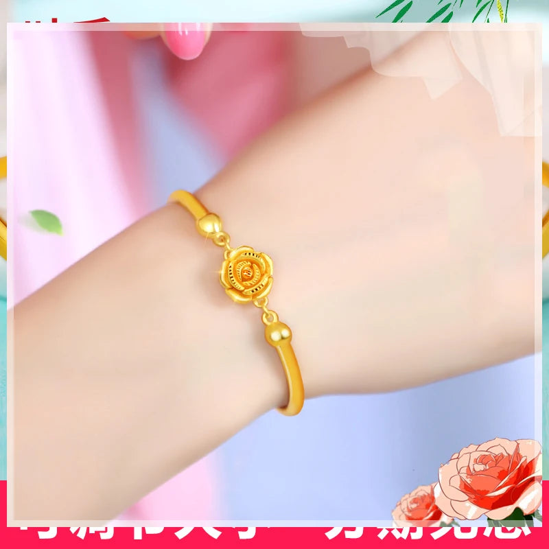 24K Pure Gold Bracelet Real 999 Solid Gold Bangle Solid Beautiful Rose Romantic Trendy Classic Jewelry