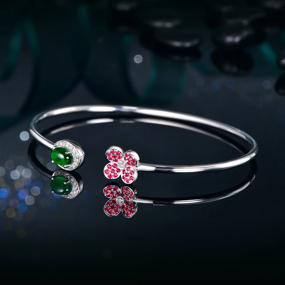 Jewelry 0.68ctw Oval Natural Emerald & 0.18ct Ruby 0.11ct Pave Diamond 18K White Gold Gemstone Bracelet