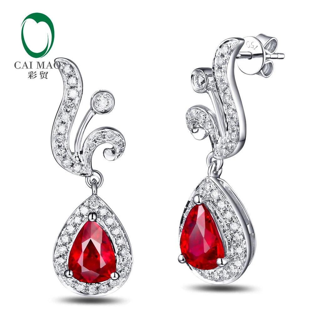 18KT White Gold 4x6mm Pear Cut 0.86ct Ruby & 0.29ct Diamond Engagement Earrings