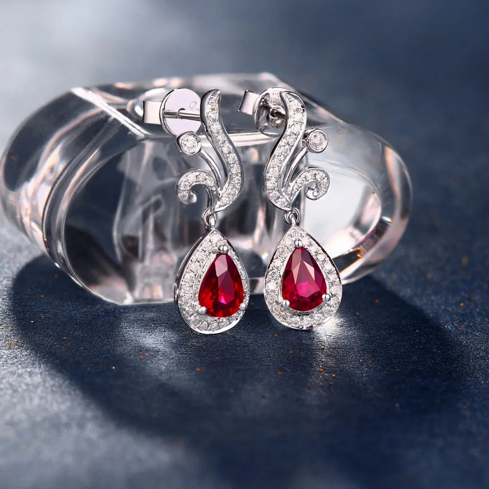 18KT White Gold 4x6mm Pear Cut 0.86ct Ruby & 0.29ct Diamond Engagement Earrings
