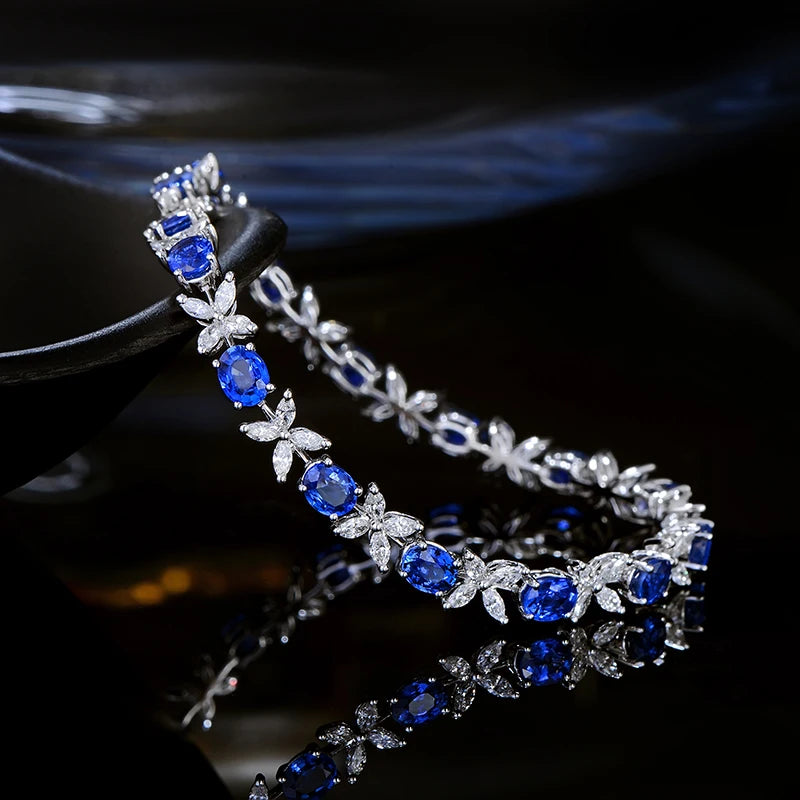 6.97ctw Natural Blue Sapphire and Marquise Diamond 18kt AU750 White Gold Bracelet Fine Jewellery