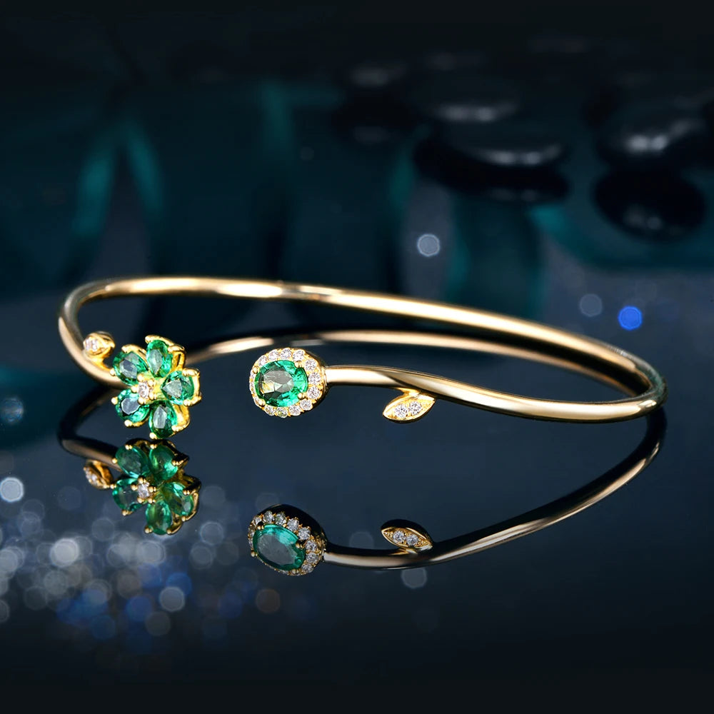 Jewelry 0.94ctw Natural Emerald Pave Diamond 18K Yellow Gold Gemstone Bracelet