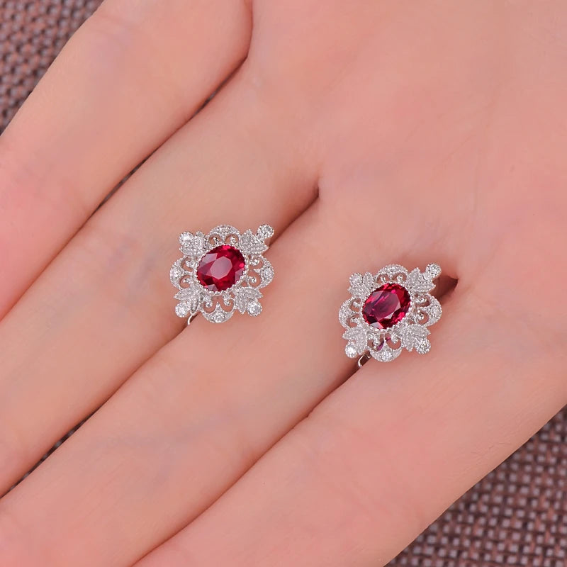 Natural 0.93ct Red Ruby Earrings H SI Diamond Vintage Milgrain Design 18kt White Gold Exquisite