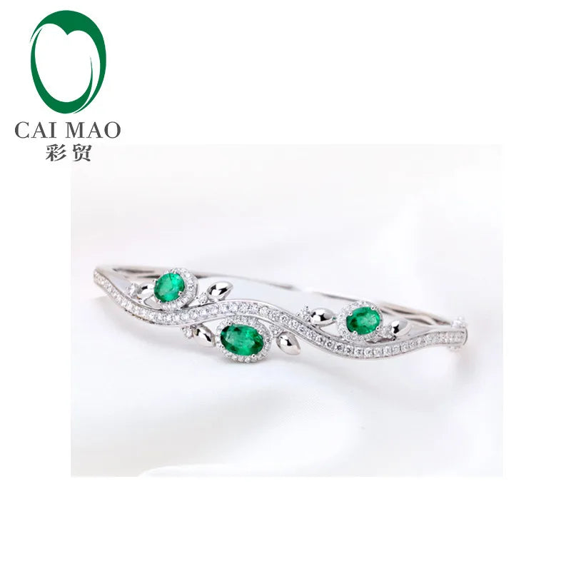 1.78ctw Oval Natural Emerald Pave Diamond 18K/Au750 White Gold Gem Bracelet Caimao Jewelry