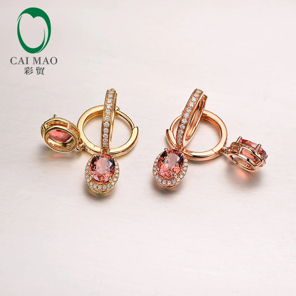 2.16ct Natural Tourmaline with H SI pave Set Diamond 18k Rose / Yellow Gold Dangle Earrings