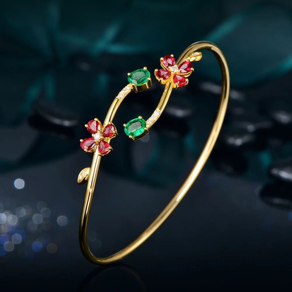 Jewelry 0.76ctw Oval Natural Emerald & 1.67ct Ruby Pave Diamond 18K Yellow Gold Gemstone Bracelet