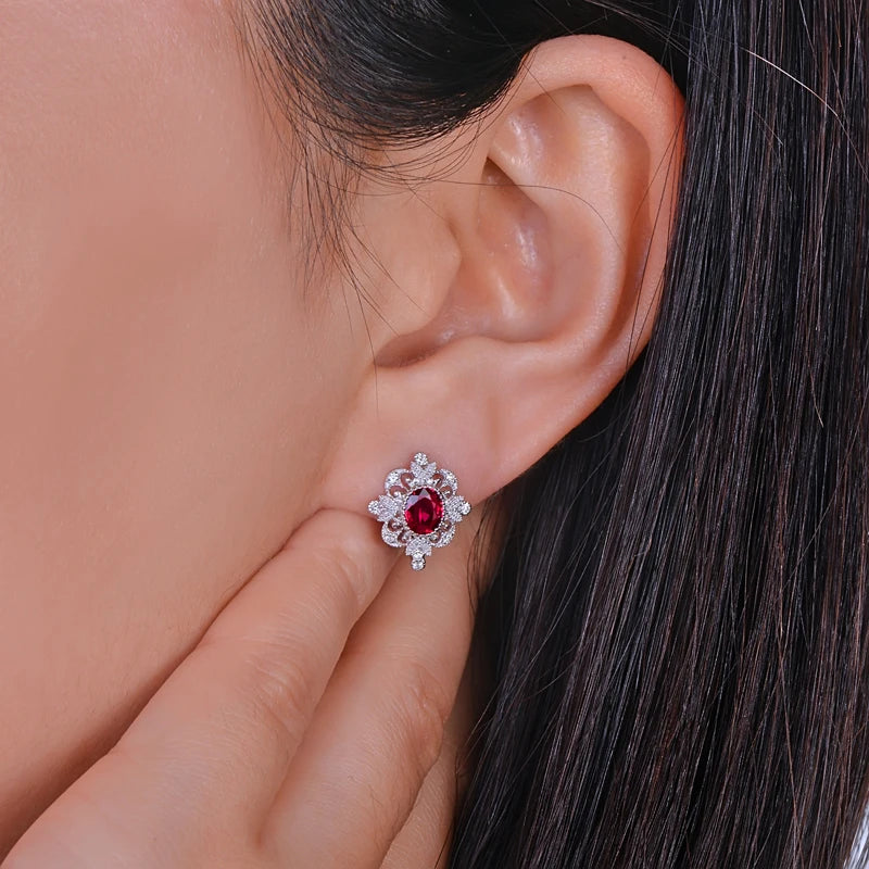 Natural 0.93ct Red Ruby Earrings H SI Diamond Vintage Milgrain Design 18kt White Gold Exquisite