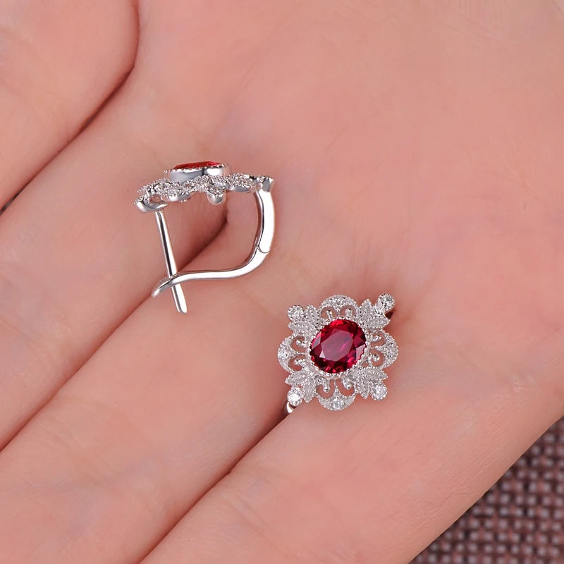 Natural 0.93ct Red Ruby Earrings H SI Diamond Vintage Milgrain Design 18kt White Gold Exquisite